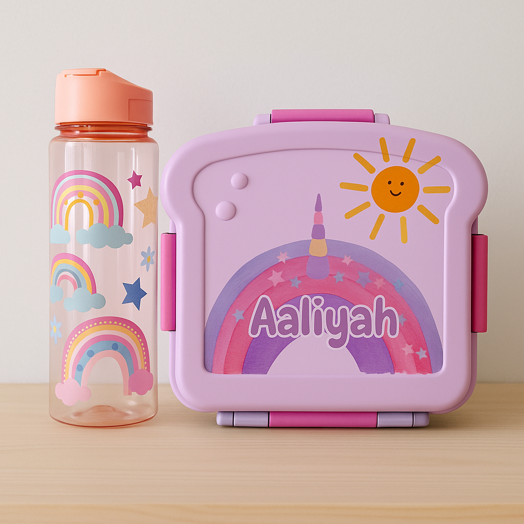 Personalised lunchbox & drink bottle stickers rainbow unicorn design.