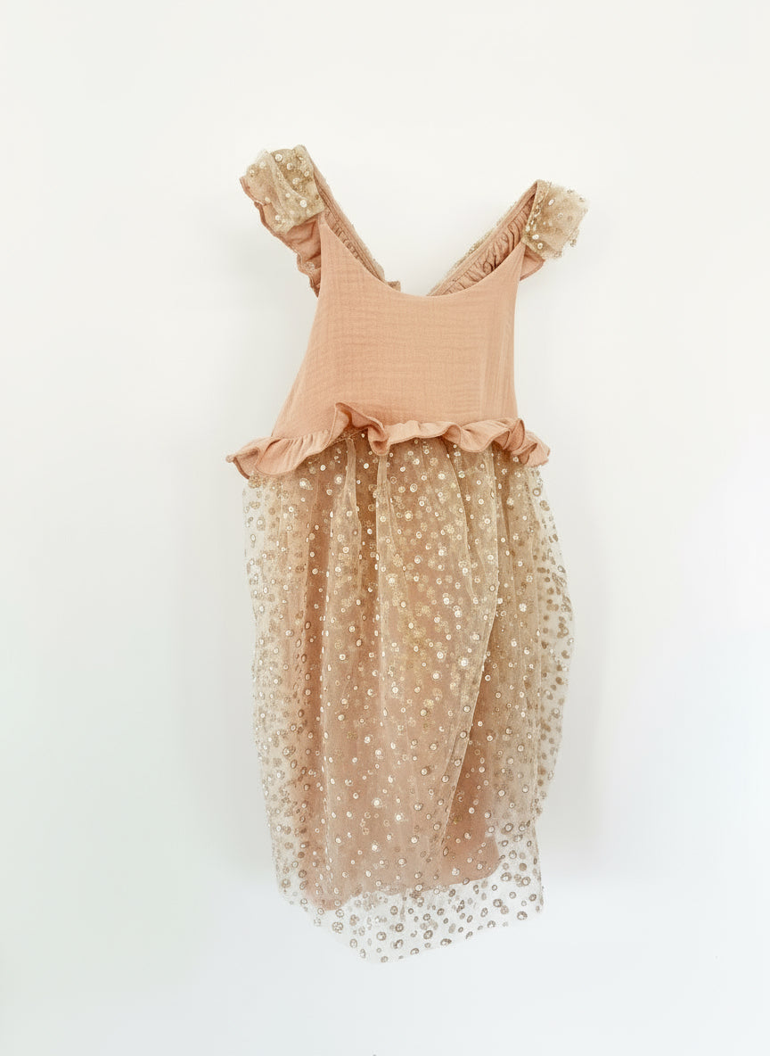 The starry Noel Christmas dress Premium blush muslin with layered pearl-sparkle tulle

Ruffled straps and adjustable tie-back for perfect fit - carousel alley-side view- childrens
