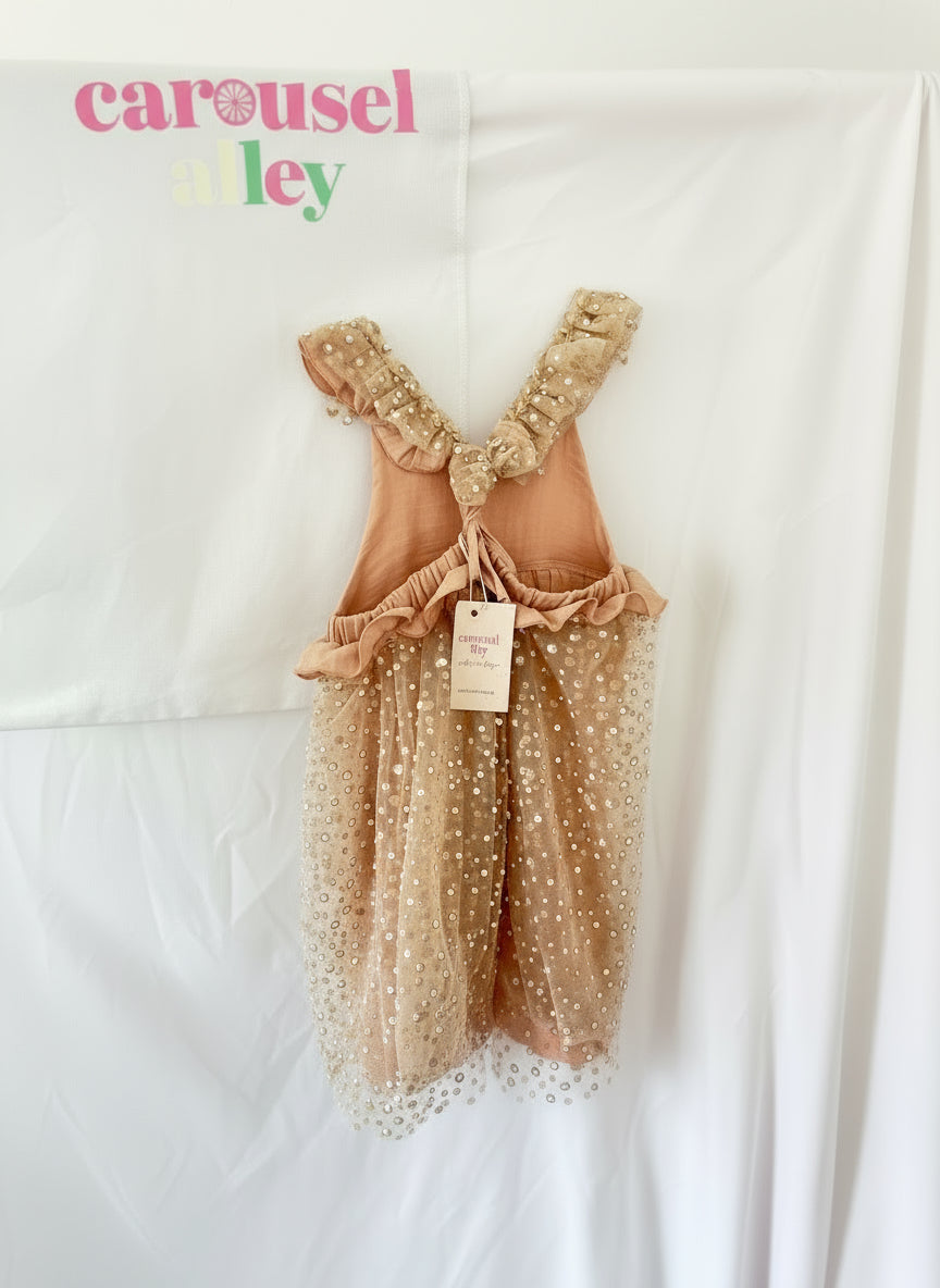The starry Noel Christmas dress Premium blush muslin with layered pearl-sparkle tulle

Ruffled straps and adjustable tie-back for perfect fit - carousel alley-side view-and back with logo -childrens 

