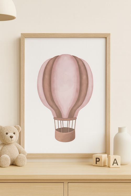 Hot air balloon illustration framed in oak